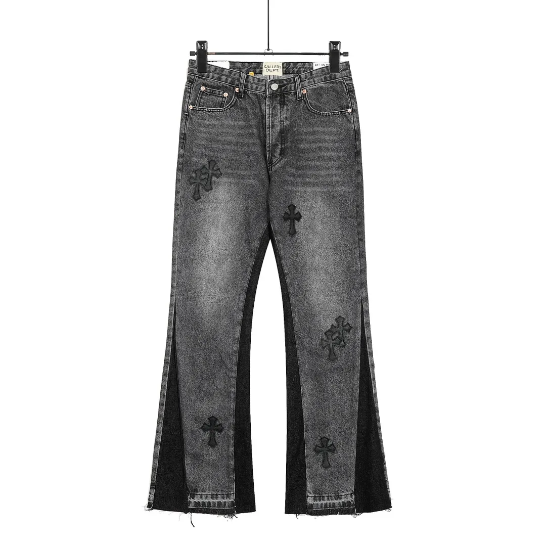 #8102 P260💰 Independent GALLERY DEPT. Vintage splicing black and gray snowflake pattern cross loose washed flared jeans - truly restore the ultimate texture of Vintage - original hardware accessories washed and other elevators, QR code analysis are all purchased from the original factory, high degree of restoration, welcome to compare with a certain product~ - three-dimensional version loose and comfortable, not picky about the figure, tall and slim, factory Seiko, original factory quality control, same style for men and women, can be matched with couples, versatile recommendation Essential jeans for all seasons - sizes: 28 30 32 34 36